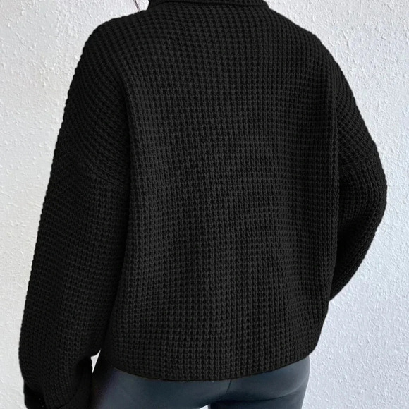 Black Casual Womens Turtleneck Drop Shoulder Waffle Knit Sweater - Picture 2 of 5